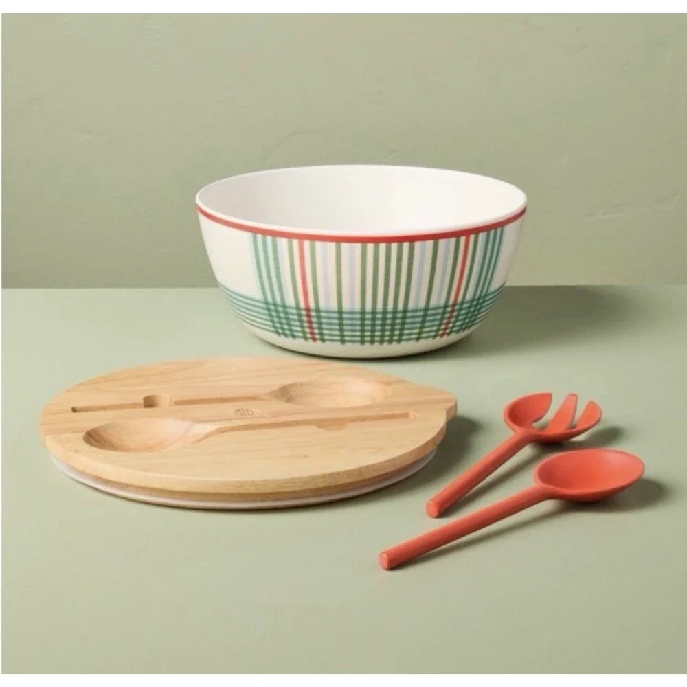 Hearth & Hand Magnolia 4Pc Summer Plaid Melamine Serving Bowl Utensil Set